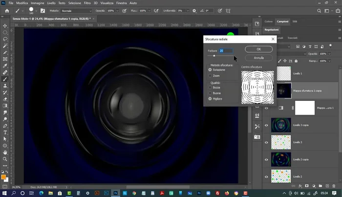 Applica ancora una volta il filtro Sfocatura Radiale (fattore 25) due volte.