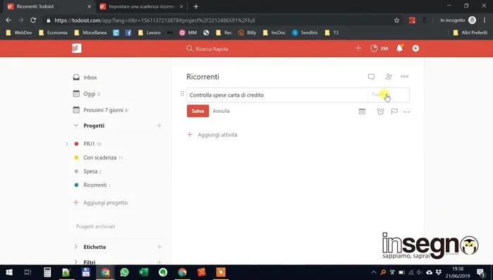Verificare che Todoist abbia interpretato correttamente la ricorrenza (le due frecce indicano la ricorrenza).