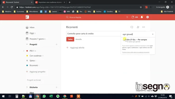 Verificare che Todoist abbia interpretato correttamente la ricorrenza (le due frecce indicano la ricorrenza).