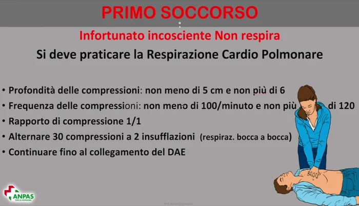 Continua la RCP fino all'arrivo del 118 o all'utilizzo del defibrillatore.