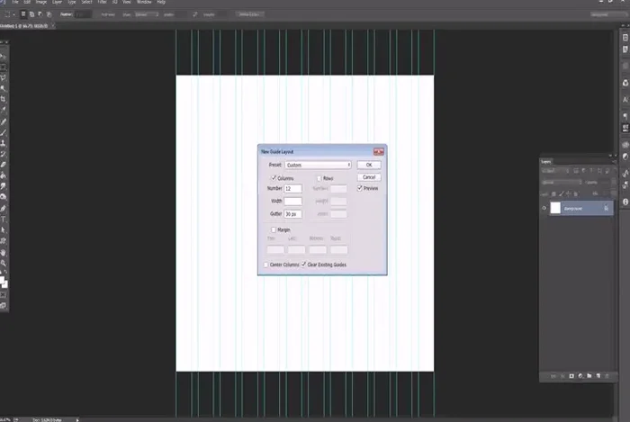 Definisci la larghezza delle colonne e dei margini (es. 70px per colonne, 15px per margini sinistro e destro in un layout da 1170px).
