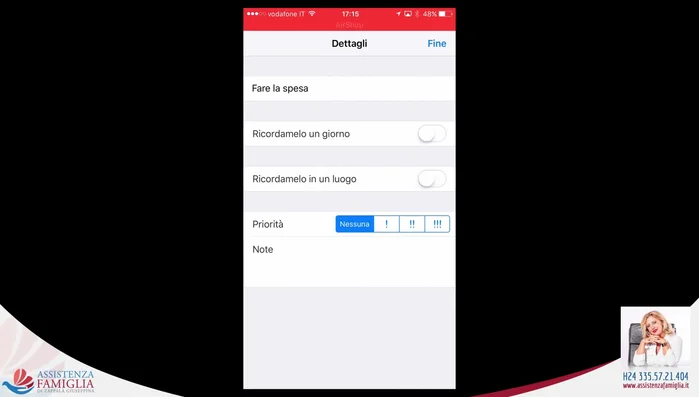 Impostare data, ora, luogo o priorità.