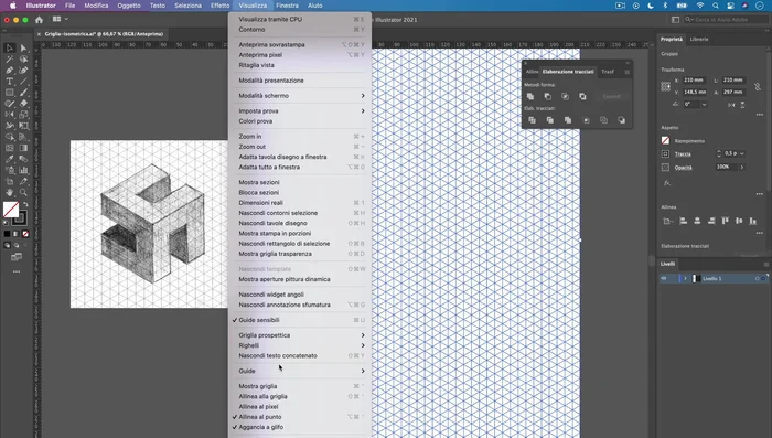 Disegnare la forma 3D usando lo strumento Penna, sfruttando l'aggancio automatico alla griglia.
