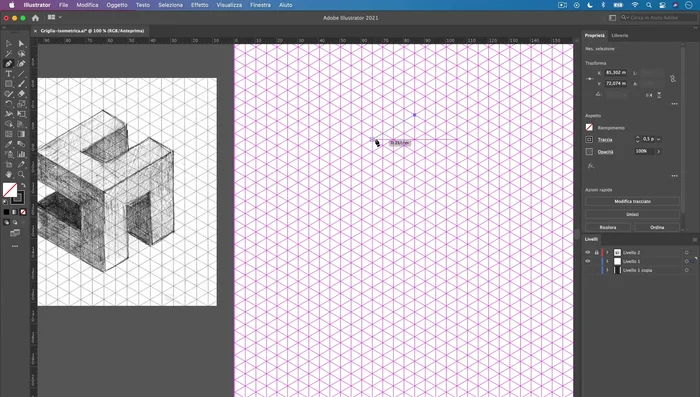 Disegnare la forma 3D usando lo strumento Penna, sfruttando l'aggancio automatico alla griglia.