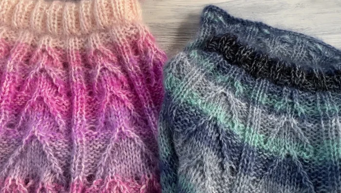 Tecnica di variazione delle righe: Variare l'altezza delle righe cambiando la combinazione dei filati. (es. inserire solo poche righe di un colore per creare un effetto dinamico).