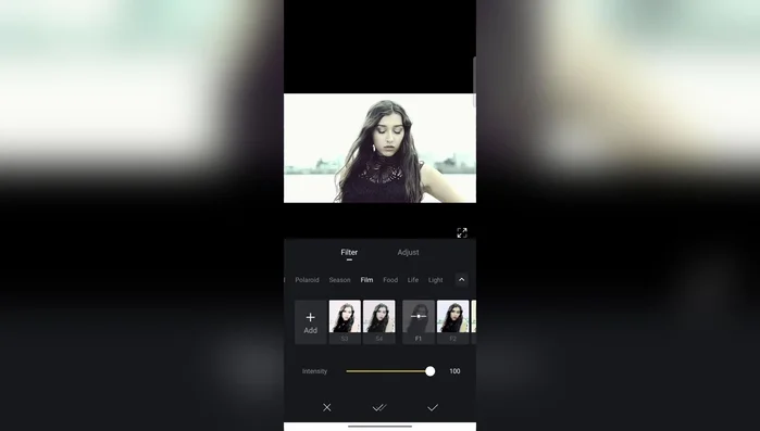 Utilizzare la sezione 'Ajust' per regolare l'intensità del filtro e altri parametri come esposizione, contrasto, luminosità, saturazione, temperatura e vignettatura.