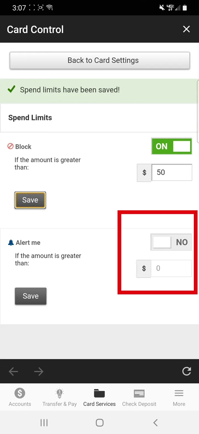 Imposta un avviso di corrispondenza per transazioni superiori al limite di spesa.