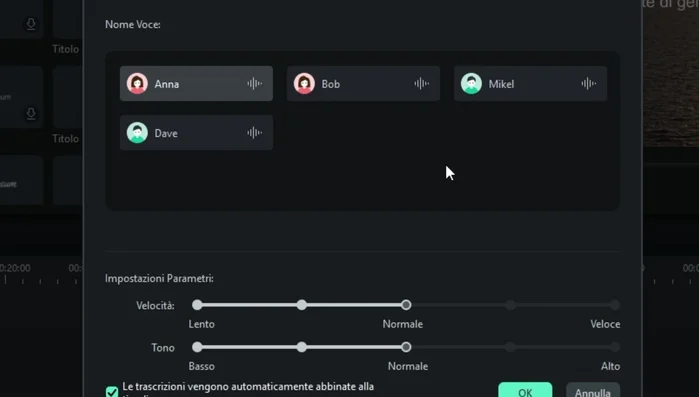 Abilitare l'opzione per abbinare automaticamente la trascrizione alla timeline.