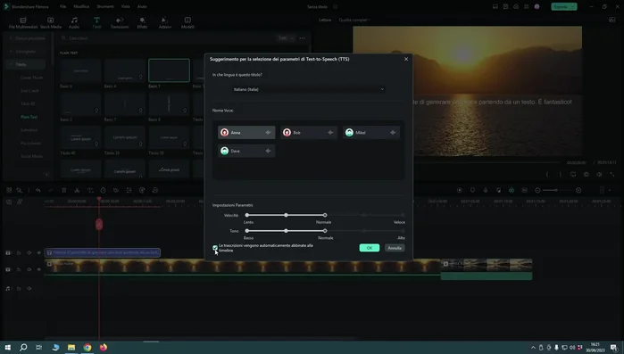 Abilitare l'opzione per abbinare automaticamente la trascrizione alla timeline.