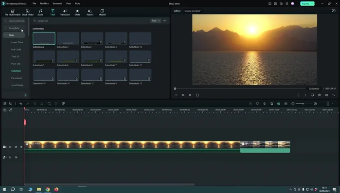 Inserire il testo in Filmora 12. Puoi utilizzare titoli preesistenti, creare nuovi titoli o importare sottotitoli.