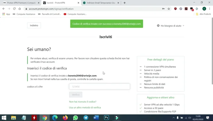 Verifica il tuo account tramite il codice inviato alla tua email.