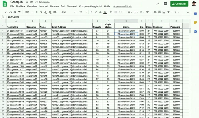 Inserire nel foglio Google la data del colloquio, l'orario previsto per ogni alunno (con un intervallo di tempo tra un colloquio e l'altro), la classe e l'ID Zoom.