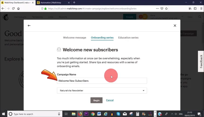 Dai un nome alla campagna (solo per tuo riferimento) e seleziona la lista di iscritti.