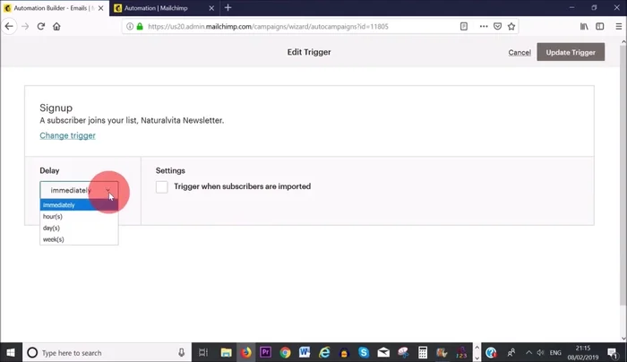 Imposta la tempistica di invio delle email (immediatamente, dopo qualche ora, giorno, ecc.).