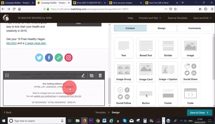 Modifica l'area del piè di pagina (colore di sfondo, informazioni di contatto).