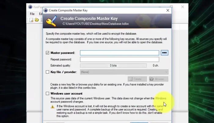 Creare un nuovo database in KeyPass e impostare una master password.