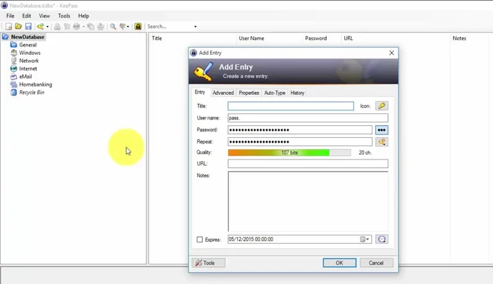 Aggiungere la password generata al database KeyPass, inserendo titolo, username (se necessario), URL del sito web (se necessario) e note.