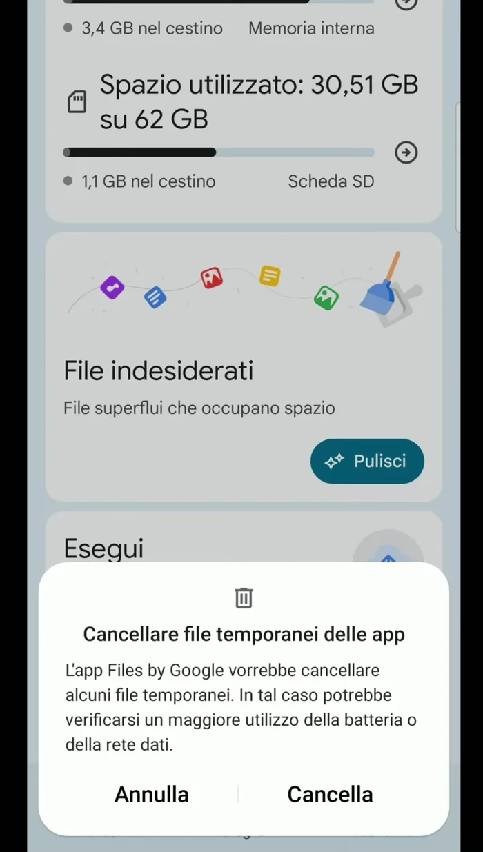 Eliminare i file indesiderati (file temporanei delle app).