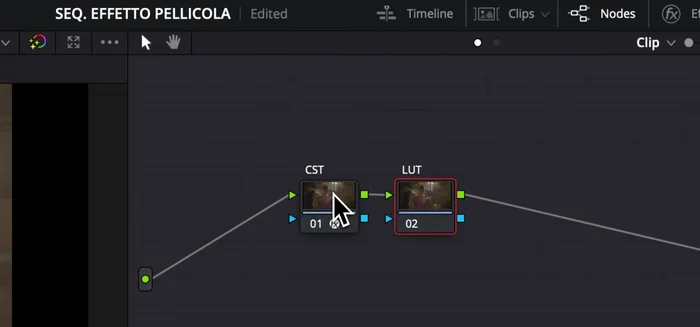 Creare un altro nodo seriale chiamato "LUT" e applicare la LUT Kodak 2383 (da Film LUTs > Kodak 2383).