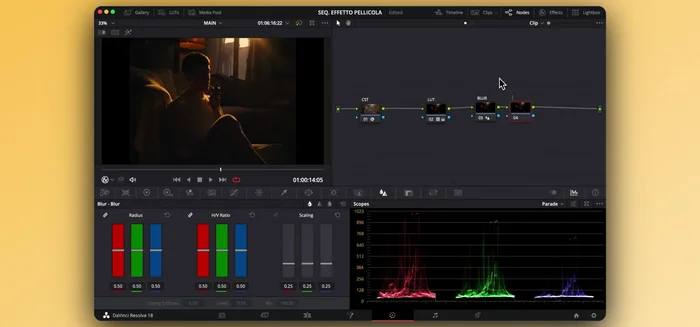 Aggiungere un nodo con l'effetto grana per aggiungere texture alla simulazione pellicola. Regolare l'intensità a proprio piacimento.