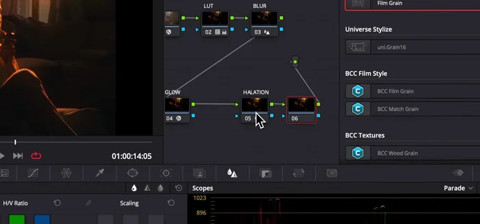 Aggiungere un nodo con l'effetto grana per aggiungere texture alla simulazione pellicola. Regolare l'intensità a proprio piacimento.