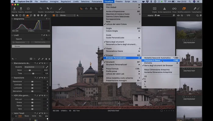 Sposta il browser e la barra degli strumenti dove preferisci usando "Visualizza" > "Browser personalizzato" e "Visualizza" > "Strumenti personalizzati"