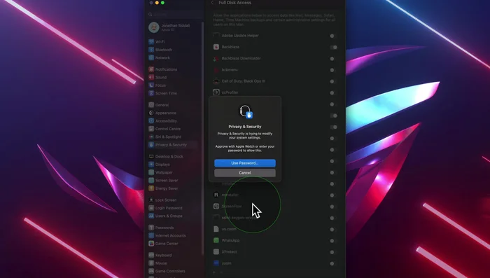 Se AnyDesk non è elencato, clicca sul pulsante "+", aggiungilo e conferma con la password.