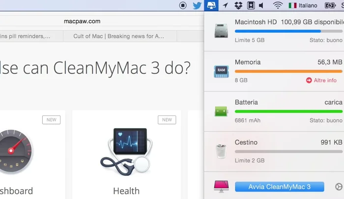 Controlla lo stato di salute del tuo Mac: spazio su disco disponibile, RAM in uso.