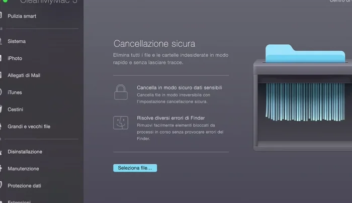 (Opzionale) Utilizza le funzioni di protezione dati, pulizia delle estensioni e cancellazione sicura dei file.