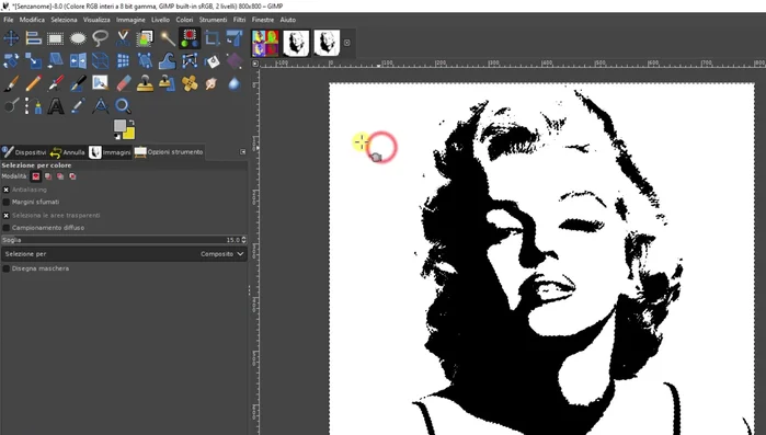 Utilizza lo strumento 'Seleziona per colore' per selezionare il bianco e poi taglialo. Questo lascia solo il contorno nero di Marilyn su uno sfondo trasparente.