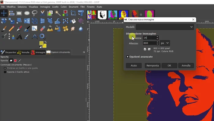 Crea un nuovo documento GIMP più grande (es. 1600x1600 pixel con sfondo trasparente). Copia e incolla le quattro immagini di Marilyn in questo documento, posizionandole per creare il tuo capolavoro pop art.