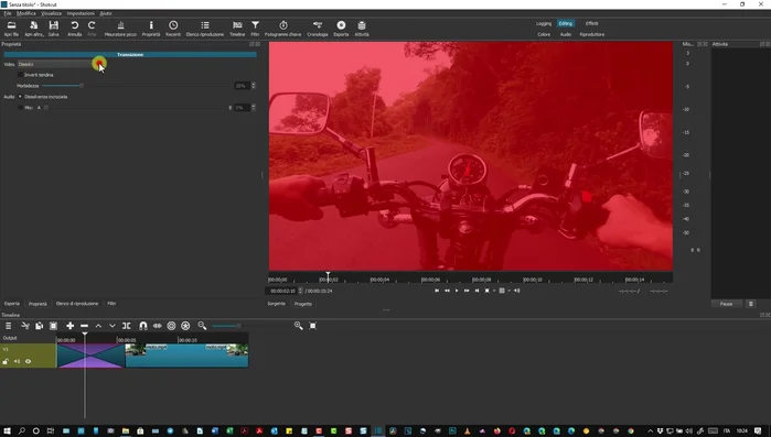 Selezionare la transizione e modificarne le proprietà (tipo, morbidezza) nella timeline.