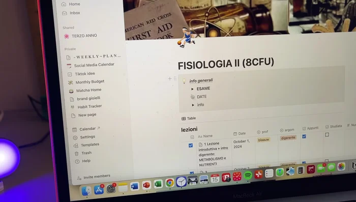 Per ogni materia, crea una pagina con: informazioni generali sull'esame (data, tipologia, professore, materiale di studio), una checklist per le presenze, e una sezione per la scaletta degli argomenti trattati a lezione.