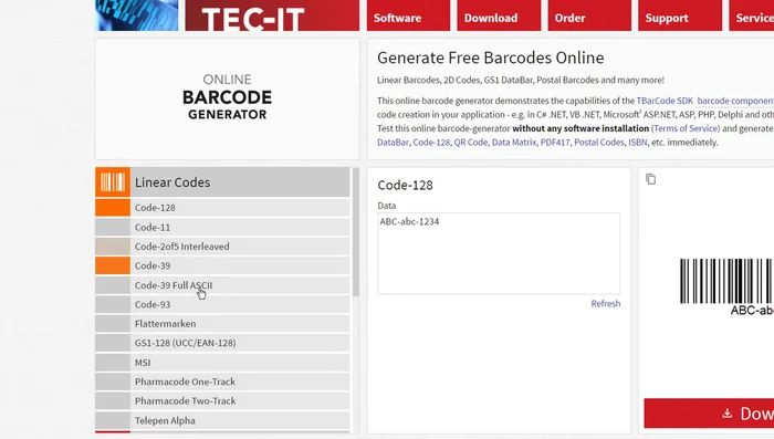 Seleziona il tipo di codice a barre desiderato dalla lista a sinistra (supporta codici lineari e 2D)
