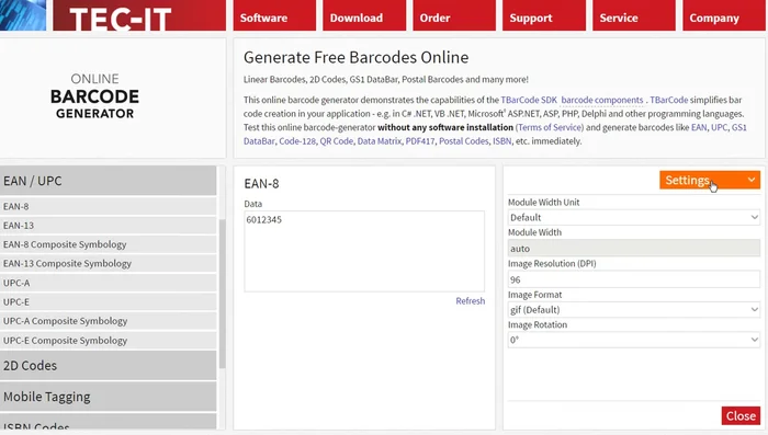 Personalizza il codice a barre (risoluzione, colore, ecc.) se necessario