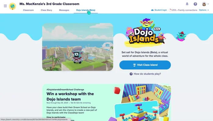 Accedere a Dojo Islands tramite la scheda corrispondente nella visualizzazione della classe.