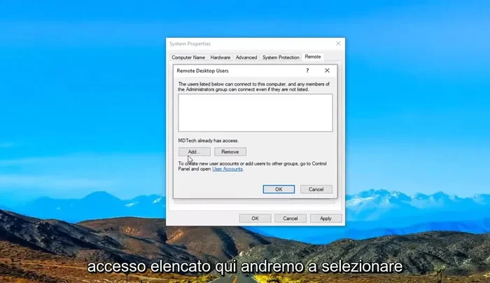 Verificare e aggiungere, se necessario, gli utenti autorizzati alle connessioni remote