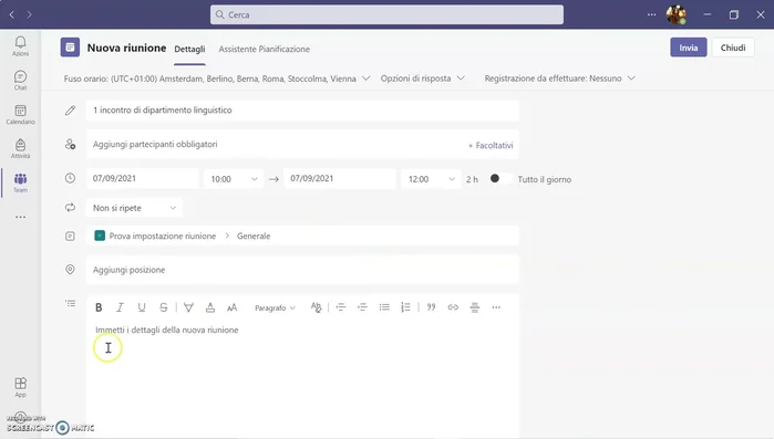 Aggiungere informazioni sulla riunione (opzionale).
