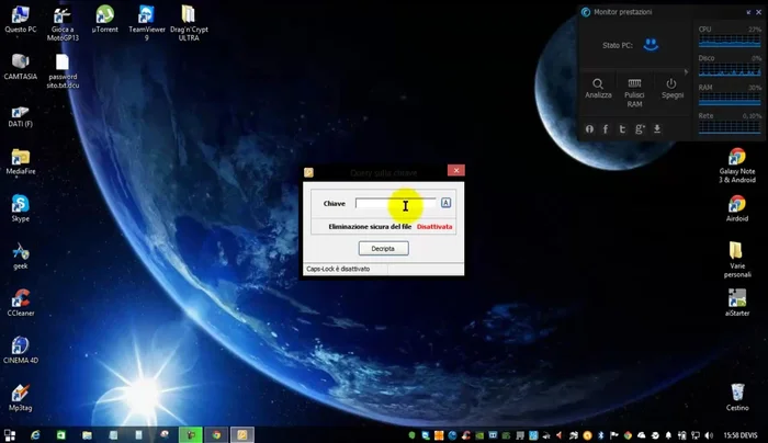 Decrittografare il file: Per decriptare il file, trascinarlo nuovamente in DragCrypt, inserire la chiave di crittografia e cliccare su "decripta".