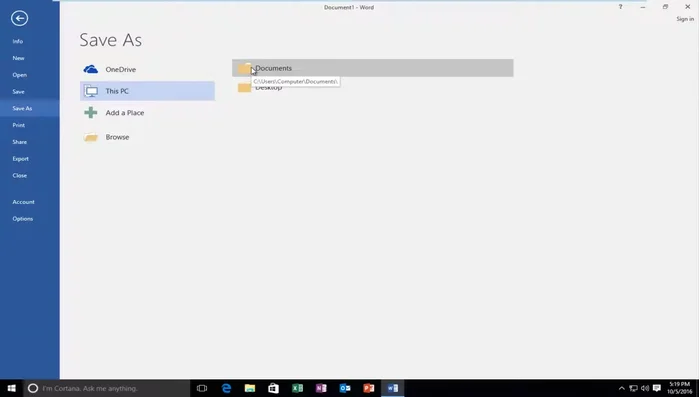 Selezionare la posizione di salvataggio (es. cartella Documenti) e assegnare un nome al file.