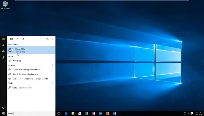 Cliccare sull'icona di Word 2016 nell'elenco dei risultati.