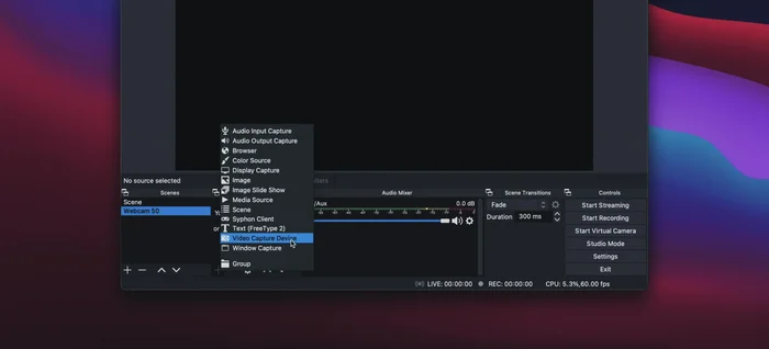 Aggiungere una nuova sorgente di acquisizione video in OBS Studio, selezionando "Canon EOS Webcam Utility" dall'elenco a discesa dei dispositivi.