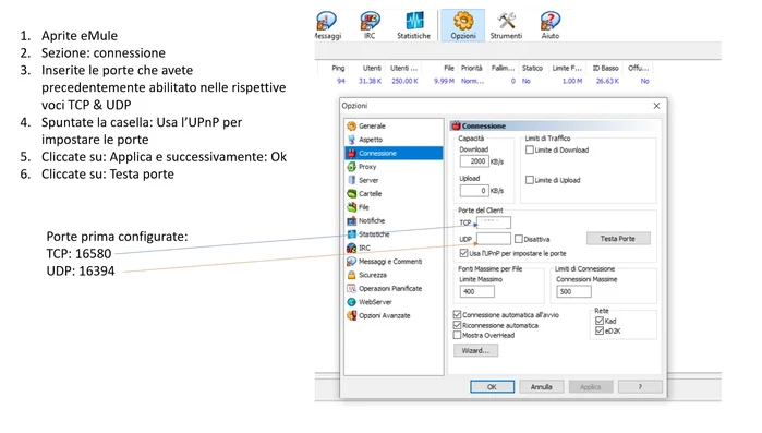 Sul computer, apri le impostazioni di connessione, inserisci le porte aperte nei rispettivi campi (TCP e UDP), abilita l'opzione "Usa porte specifiche", e salva.