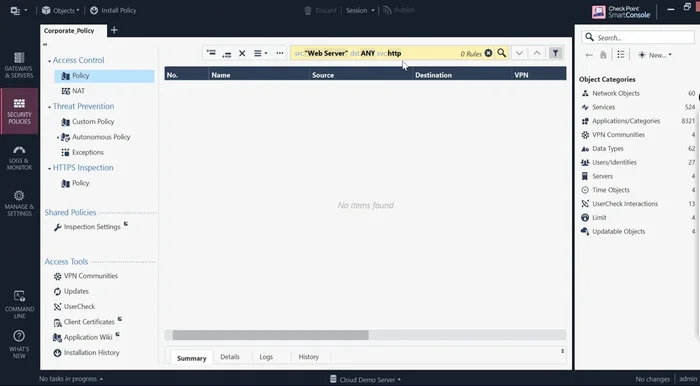Installare la policy utilizzando la funzione "Installazione policy", selezionando il gateway corretto.