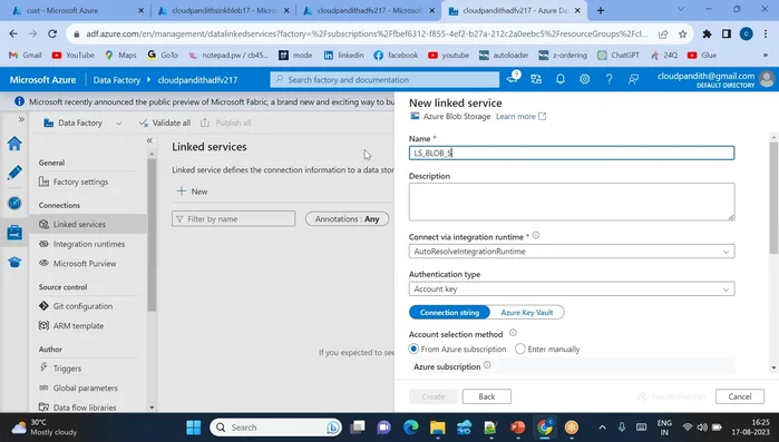 Creazione di un servizio collegato al blob di destinazione (sincronizzazione) in ADF.