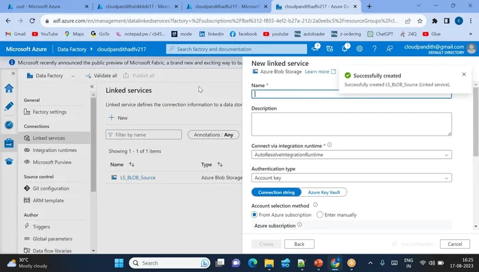 Creazione di un servizio collegato al blob di destinazione (sincronizzazione) in ADF.