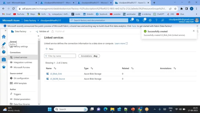 Creazione del dataset di destinazione (JSON) in ADF.