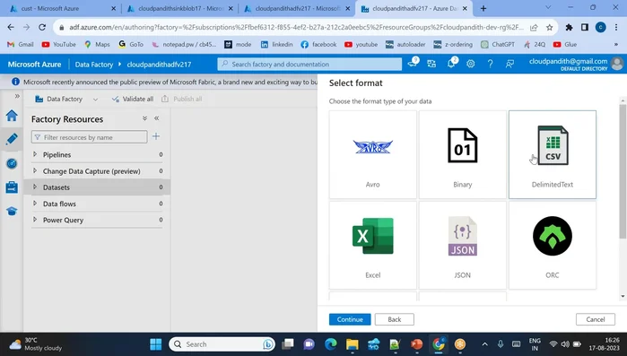 Creazione del dataset di destinazione (JSON) in ADF.