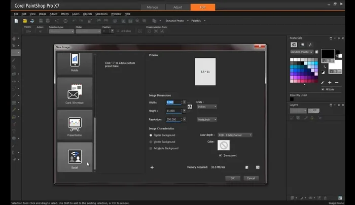 Selezionare le dimensioni dell'immagine (es: copertina Facebook).