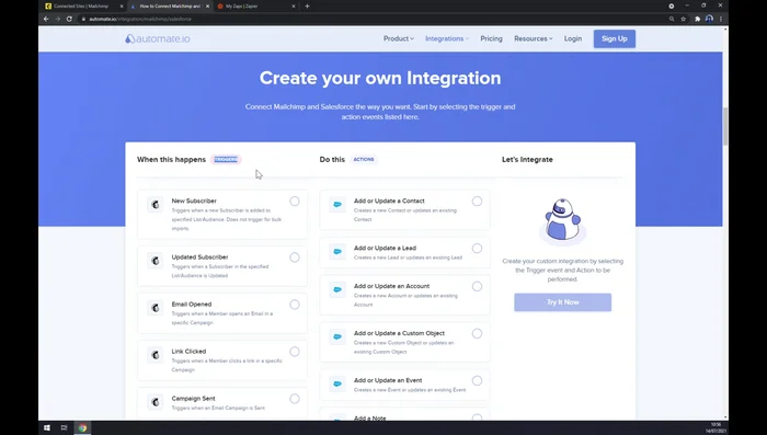 Scegli i trigger (Mailchimp) e le azioni (Salesforce) desiderate.
